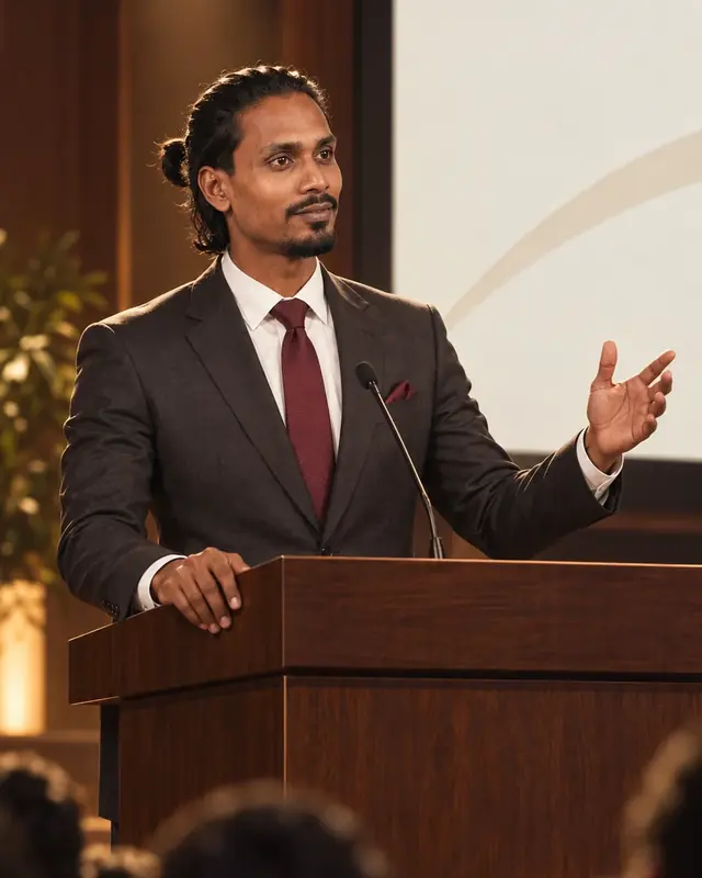Rapar Rubel speaking at a podium in a dark suit