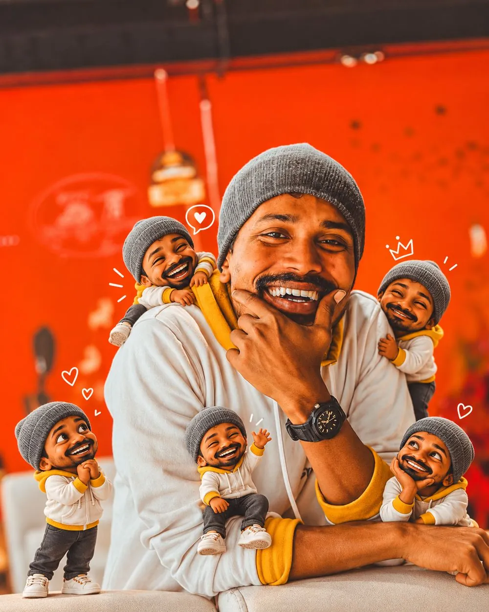 Rapar Rubel (Rubel Miah) laughing in a grey beanie and white-and-mustard hoodie, surrounded by five tiny cartoon versions of himself